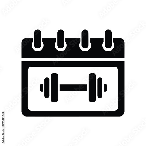 A minimalist black and white icon depicts a calendar page displaying a stylized barbell symbolizing workout scheduling high quality