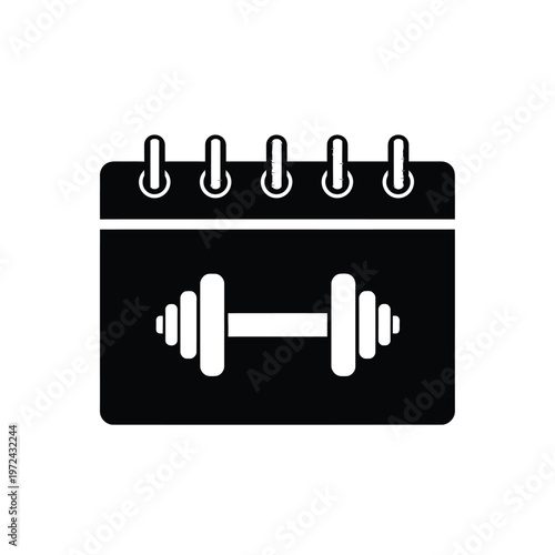 A black silhouette of a calendar page with a barbell illustration representing workout scheduling and fitness goals