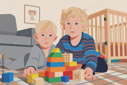 Two children are playing with colorful building blocks on a rug in a playroom during the day