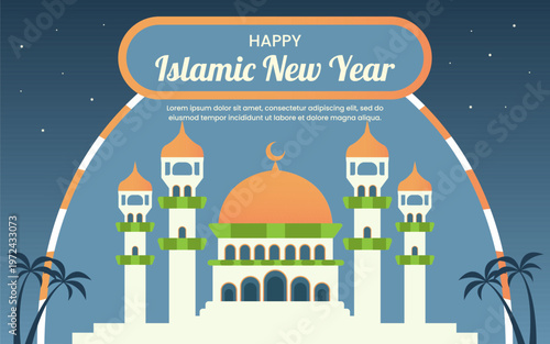 Muharram Festival Background with Mosque at Night