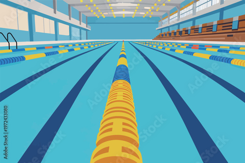 Swimming pool with lanes marked by float lines and clear blue water inside a sports facility