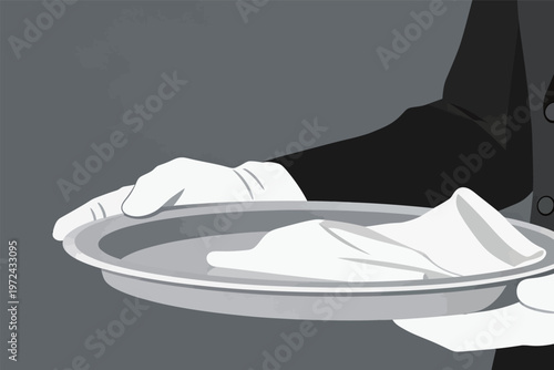 Server presents a plate with a cloth, preparing for a meal service in a restaurant setting during dinner hours