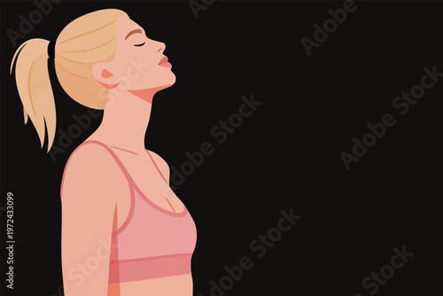 Woman with blonde hair stands calmly with closed eyes while wearing a pink tank top against a dark background