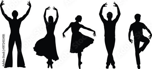 Graceful ballet dancer silhouettes set, featuring male and female performers in elegant dance poses, artistic movement, theater performance, and choreography.