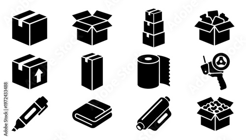 Packaging and Moving Box Silhouette Icon Set – Shipping, Packing Supplies and Delivery Symbols