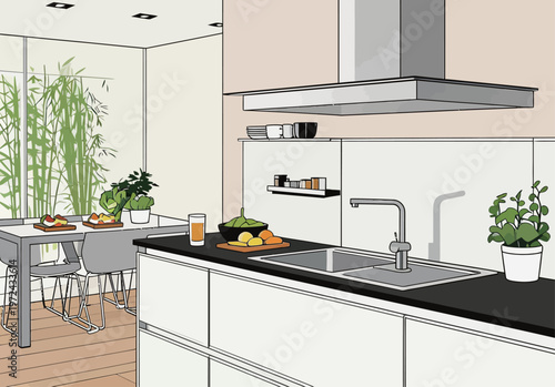 Modern kitchen with plants and fruits located in a bright room during the day