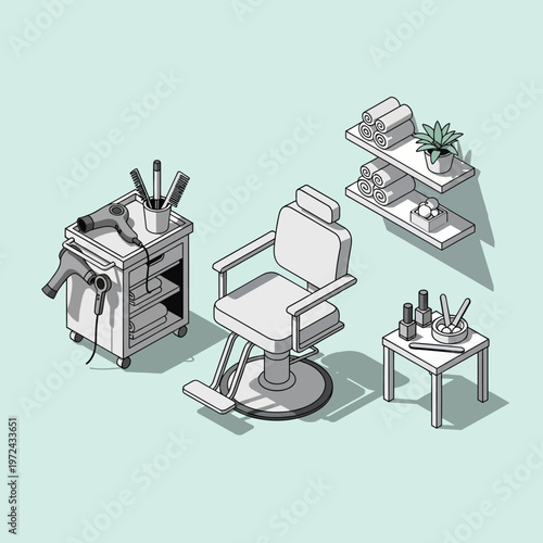 Isometric illustration of barber shop equipment.