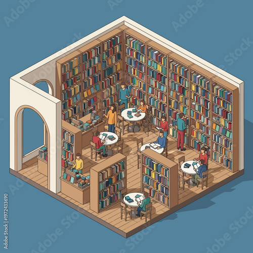 Isometric illustration of a cozy library interior with people reading and studying.