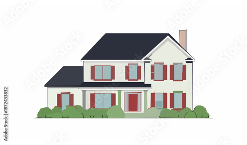 Cartoon Style Suburban House Exterior with Red Shutters and Green Bushes Vector