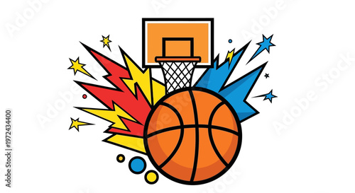 Dynamic basketball and hoop graphic with energetic bursts and stars, perfect for illustrating competitive sports, game excitement, and athletic themes