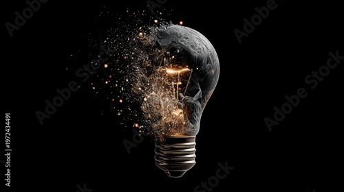 Exploding light bulb dispersing into fragments with glowing filament