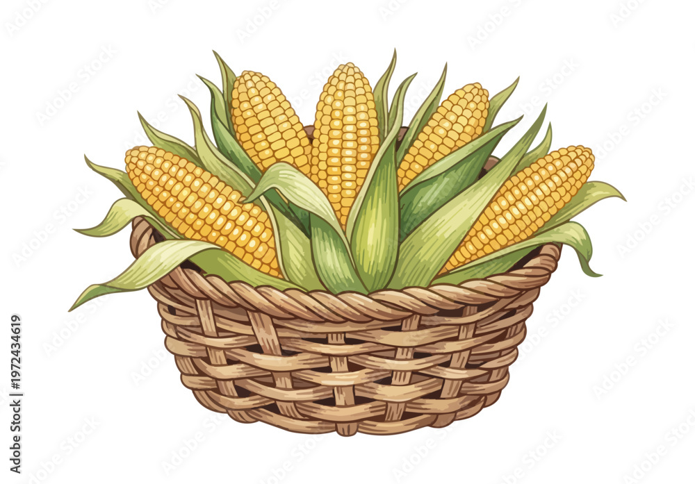Fototapeta premium Fresh corn cobs in woven basket isolated on black background