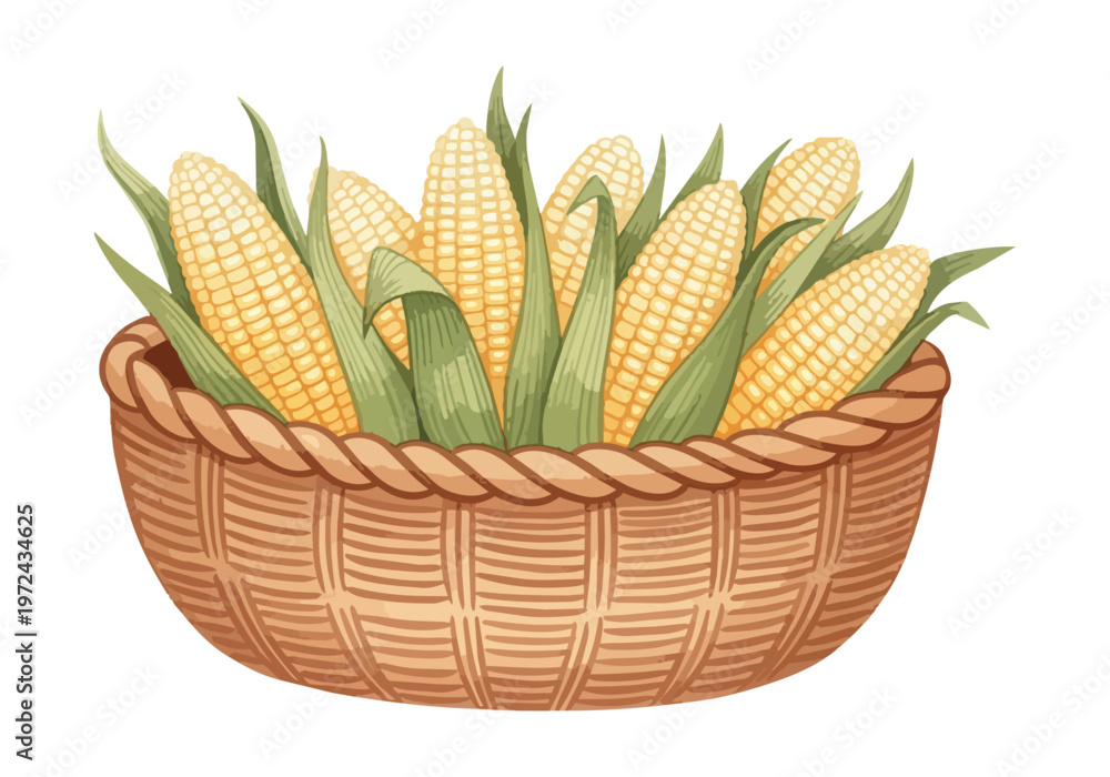 Fototapeta premium Fresh corn cobs in woven basket isolated on black background