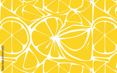 Abstract pattern of yellow lemon slices on yellow background.