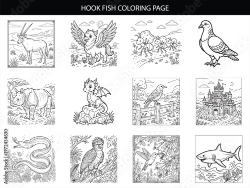 Collection of twelve intricate animal and fantasy creature line art illustrations for coloring books in professional vector format
