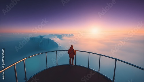 Person standing on a curved balcony overlooking clouds at sunrise