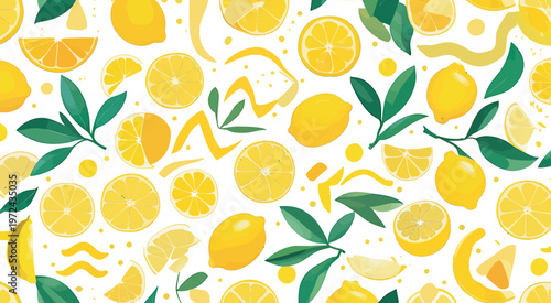 Seamless pattern with fresh lemons citrus slices and leaves vector illustration design.