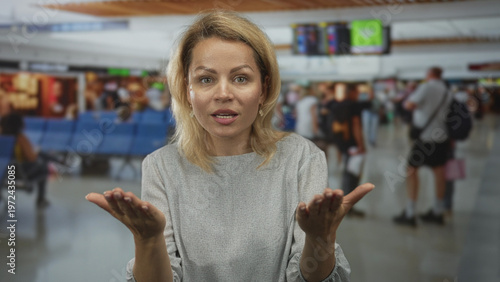 Cuadro en lienzo Blonde woman raising open palms in questioning gesture at busy indoor airport; confusion uncertainty