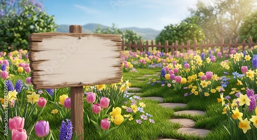 Empty wooden sign in a spring garden with colorful flowers and a stone path leading into the distance with vegetable garden with flower bed with nature s beauty