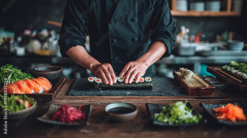 Fototapeta premium Sushi Chef Preparing Fresh Rolls in a Traditional Kitchen Setting