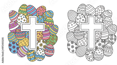 Easter Eggs and Cross Coloring Book Page for Kids, Religious Holiday Illustration with Patterned Eggs and Christian Cross Symbol, Colorful and Line Art Vector Design Set