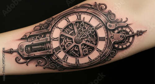 Tattoo of clock on arm.