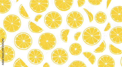 Citrus fruit slices pattern, yellow lemon and orange halves on white background.