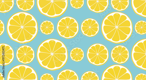 Seamless pattern with fresh lemon slices on light blue background summer fruit design.
