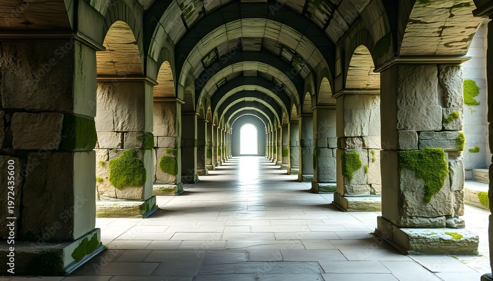 Fototapeta premium An ancient stone corridor with arches leads to a bright outdoor area through a long hallway.