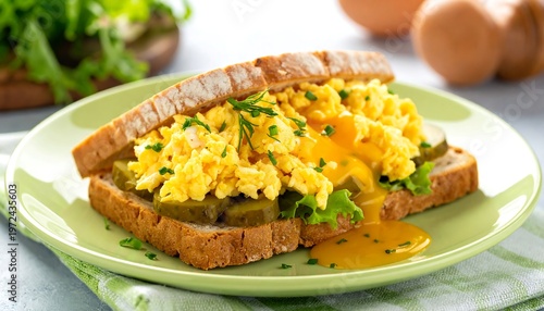 Delicious Scrambled Egg Sandwich on Toasted Bread with Fresh Herbs.