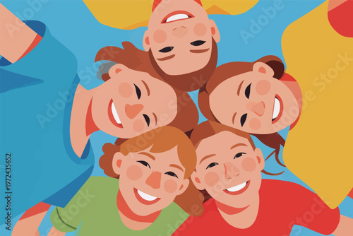 Five friends smile together while enjoying a sunny day outdoors in a cheerful setting filled with bright colors and laughter