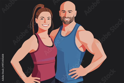 Couple poses for fitness picture at gym during evening workout session with bright lights and fitness equipment around