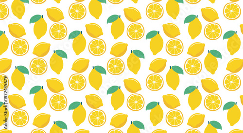 Lemon pattern with citrus slices and whole yellow fruits on white background vector.