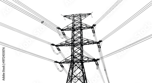 Silhouette of high voltage electric transmission tower and power lines for energy infrastructure, electricity supply, utility engineering, and industrial concepts.