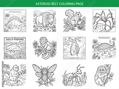 Asteroid belt coloring page set featuring prehistoric dinosaurs and exotic animals for scientific and creative learning fun