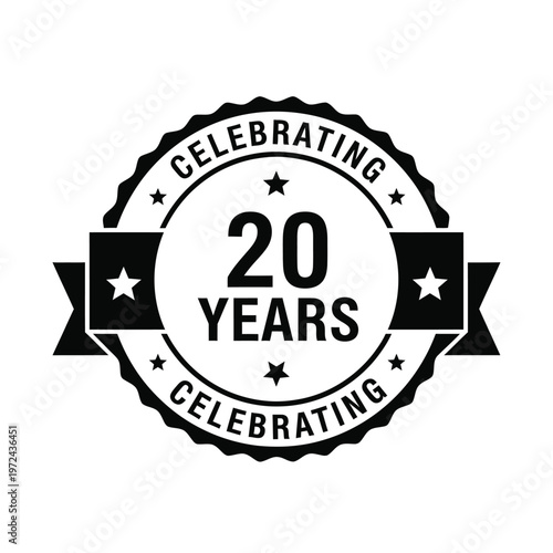 A black and white circular badge celebrates a significant milestone twenty years of service or existence