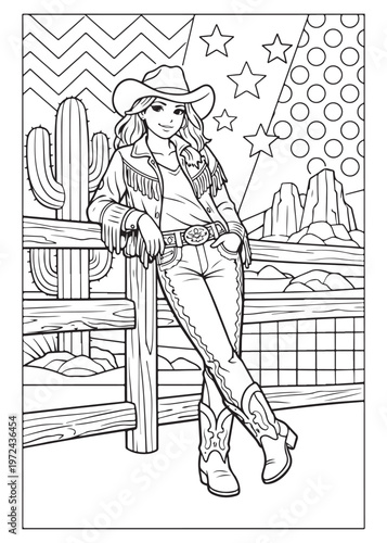 Confident cowgirl leaning on wooden fence in desert landscape with cactus and western scenery black and white line art illustration