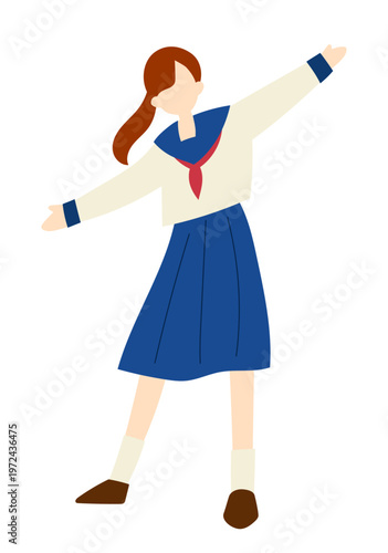 両手を広げる女子学生のフラットイラスト