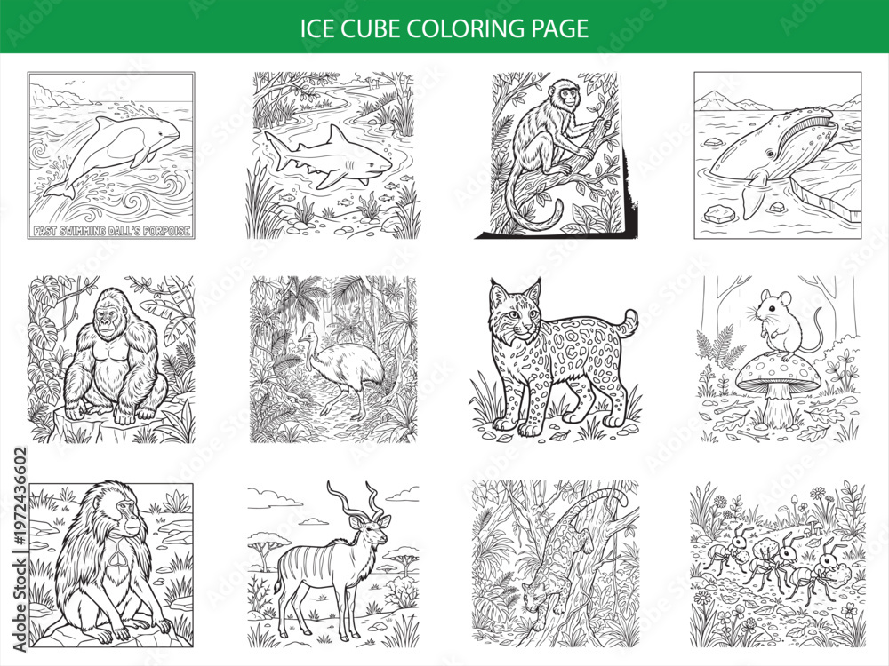 Naklejka premium Twelve creative animal and wildlife vector coloring pages for children featuring dolphins sharks and exotic species in line art style