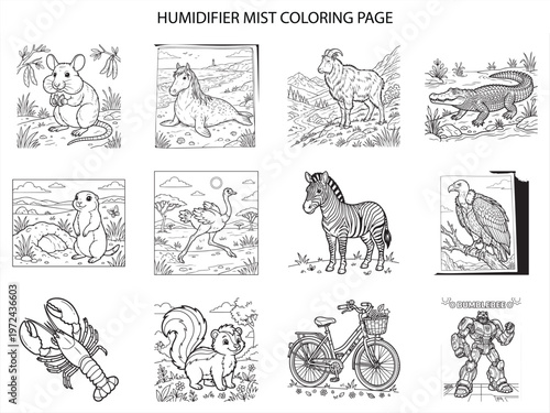 Twelve detailed animal and object coloring pages for kids featuring a mouse seal goat alligator and more in vector line art style