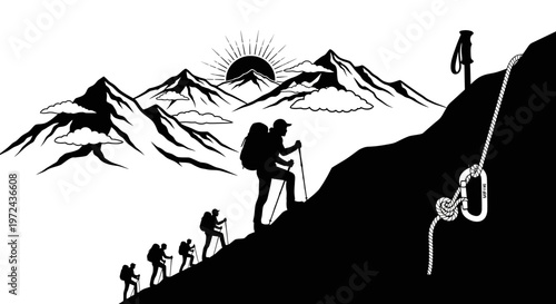 Silhouette of hikers climbing mountain towards sunrise illustration