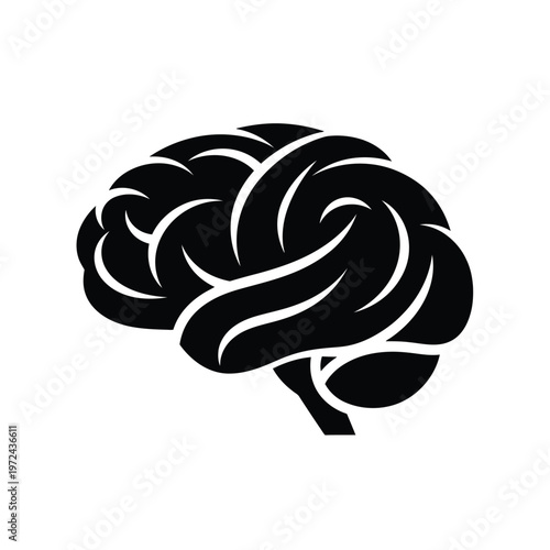 A stylized black silhouette of a human brain showcasing complex folds and its overall organic shape
