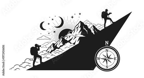Silhouette of hikers climbing mountain towards sunrise with compass