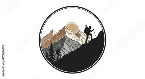 Silhouette of hikers climbing mountain under rising sun in round frame