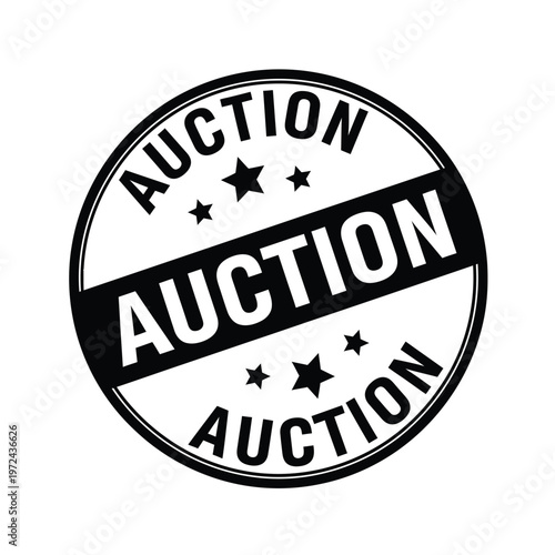 A bold black and white circular sign prominently displays the word auction repeated three times with star accents
