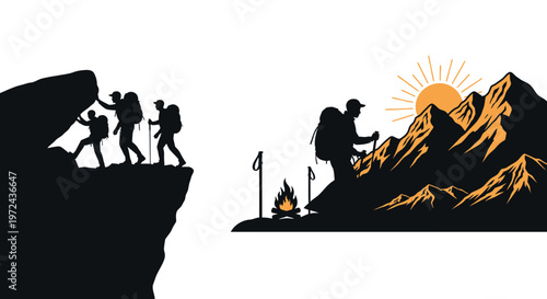 Silhouette of hikers climbing mountains with sunrise and campfire elements