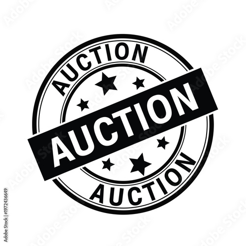 A circular black and white auction stamp with stars and bold text signifying a sale or bidding event