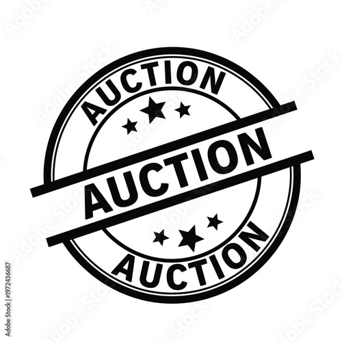 A circular black and white auction stamp with the word auction repeated and stars displayed within high quality professional