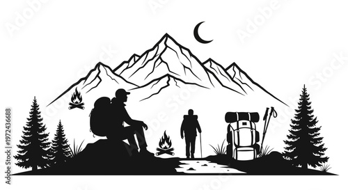 Silhouette of hikers near mountain with bonfire under moon at night