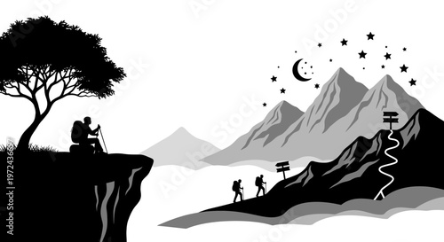 Silhouette of hikers on mountain path with tree and stars against white background